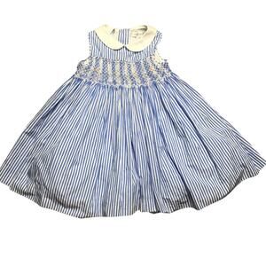 Ralph Lauren Baby Girl Pinstripes Smocked Dress Blue White Lined Cotton 24M NWOT